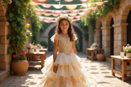 Petite demoiselle d'honneur en robe gitane blanche et dorée à volants dans une cour fleurie lors d'un mariage gitan