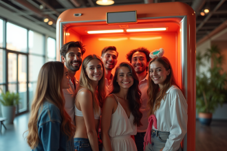 Groupe d'amis riant devant un photobooth lumineux