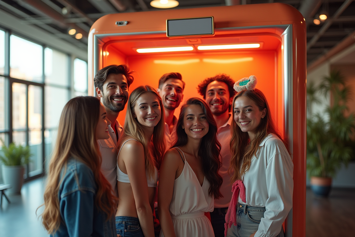Groupe d'amis riant devant un photobooth lumineux