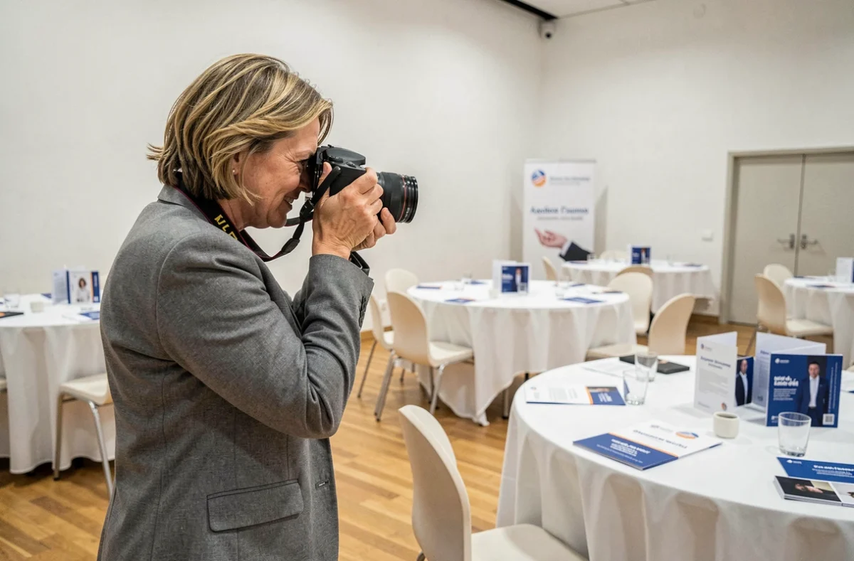 Photographe femme couvrant un événement d'entreprise dans une salle de conférence moderne dans la région de Bailleul