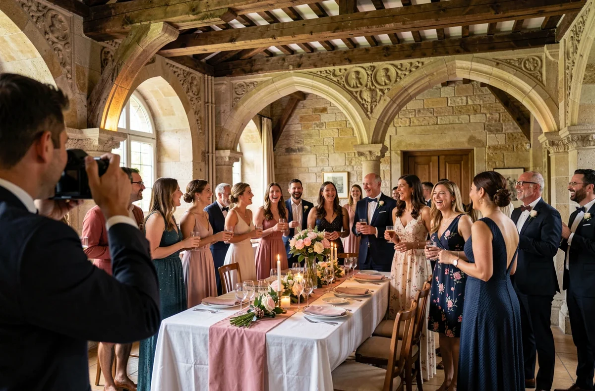 Groupe de convives élégants lors d'une fête privée dans un hôtel de ville historique de Bailleul avec un photographe en train de travailler