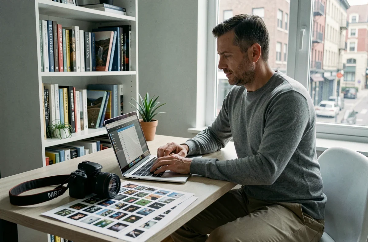 Photographe indépendant calculant ses tarifs de séance photo sur un ordinateur portable dans un bureau à domicile