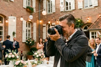Photographe professionnel en action lors d'un mariage en plein air à Bailleul, capturant des moments authentiques devant un bâtiment flamand