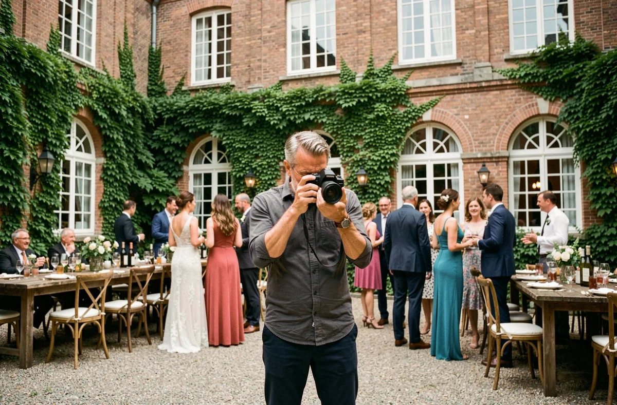 Photographe de mariage en extérieur dans une cour de style flamand à Tourcoing, capturant des moments spontanés lors d'une réception