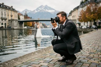 Photographe de mariage professionnel en action au bord du lac Léman à Genève, capturant un couple avec un appareil photo reflex