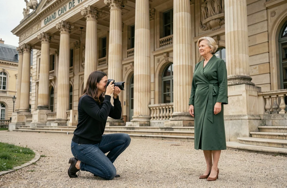 Photographe professionnelle en train de réaliser un portrait élégant devant la façade néoclassique du Grand Casino de Vichy