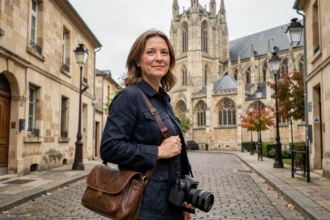 Photographe professionnelle devant la cathédrale de Châlons-en-Champagne tenant un sac photo