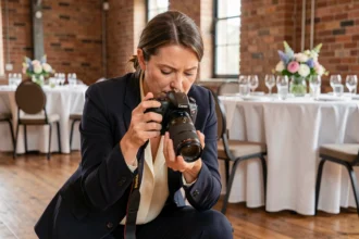 Photographe professionnelle en action lors d'un événement à Tourcoing, ajustant son appareil photo dans une salle aux murs en briques apparentes