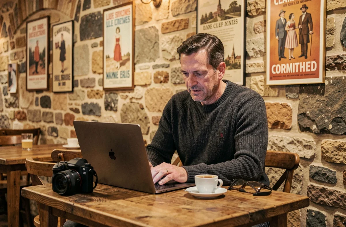 Photographe masculin retouchant ses photos dans une brasserie typique de Châlons-en-Champagne