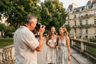 Photographe professionnel capturant un couple en séance photo dans le Parc des Sources à Vichy avec une architecture Belle Époque en arrière-plan