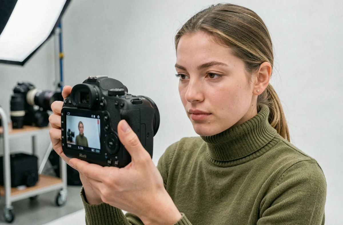 Photographe professionnelle examinant ses clichés sur son appareil dans un studio photo moderne à Tourcoing