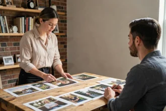 Photographe professionnelle présentant ses tarifs et son portfolio à un étudiant lors d'une séance de consultation en studio
