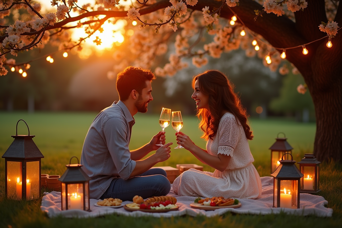 Pique-nique romantique en plein air avec lumières