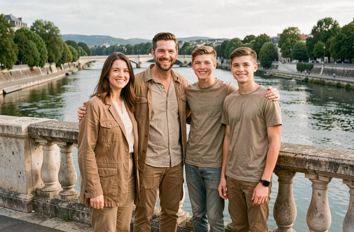 Portrait de famille sur le Pont de Bellerive à Vichy avec la rivière Allier et les berges verdoyantes en arrière-plan
