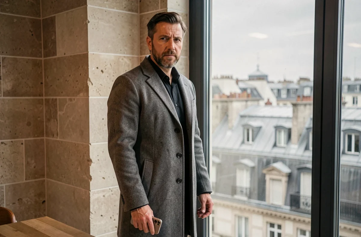 Portrait intimiste d'un homme en manteau gris près d'une fenêtre avec vue sur les toits de Paris, ambiance médiatique et vie privée