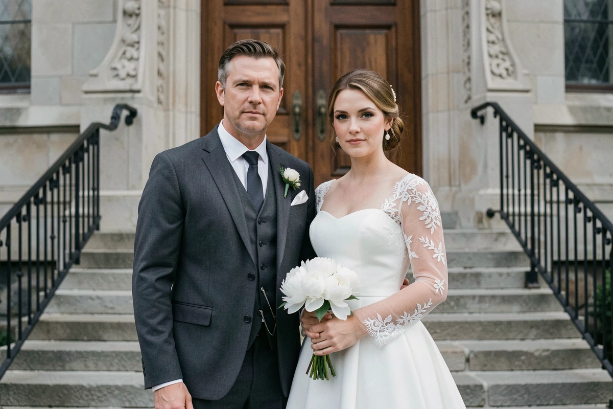 Portrait officiel de mariés devant une église historique en pierre au Québec, couple élégant en tenue de cérémonie