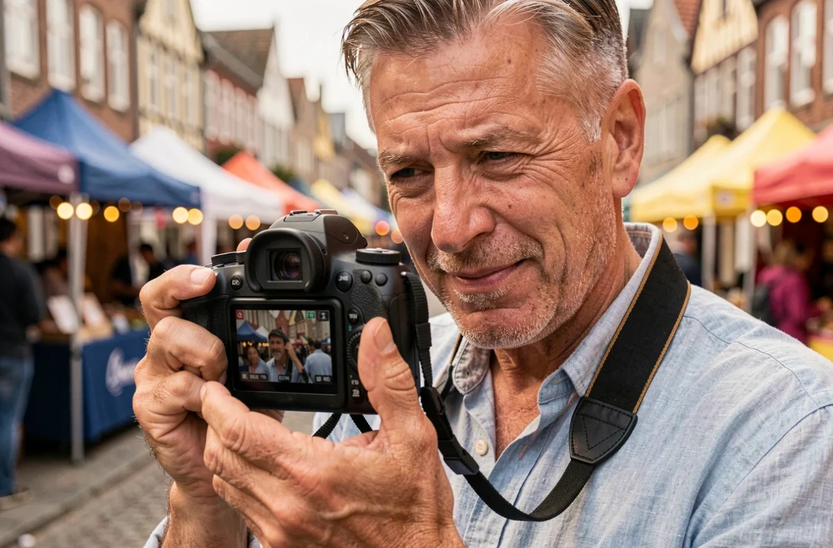 Portrait rapproché d'un photographe expérimenté vérifiant ses photos sur son appareil lors d'un festival en plein air à Bailleul
