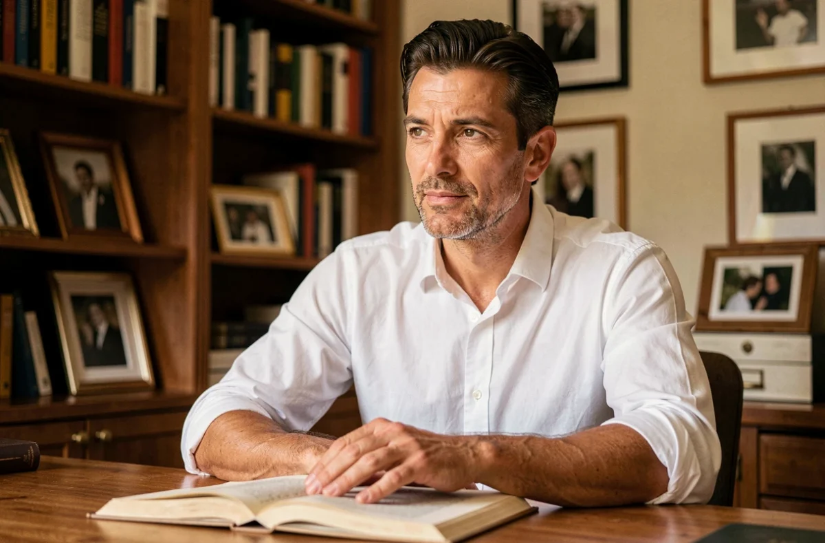 Homme pensif dans une bibliothèque à domicile, portrait intimiste illustrant la personnalité discrète de Vincent, l'époux de Dorothée