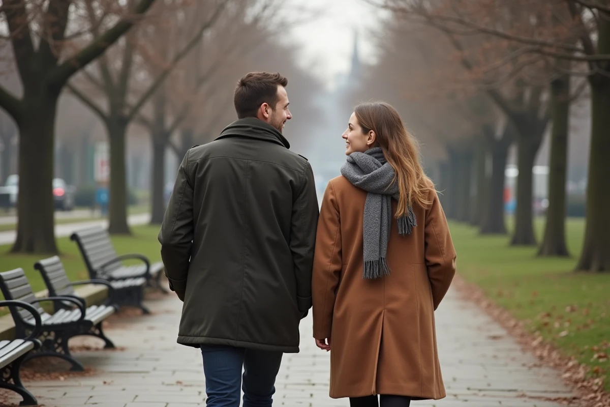 Couple marche dans un parc urbain en hiver conversation chaleureuse