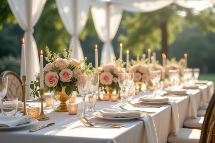 Table de mariage en plein air sous un canopy blanc avec vaisselle élégante