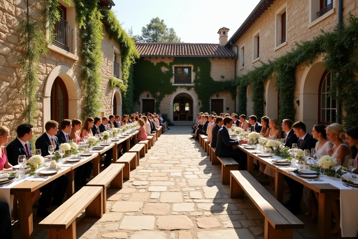 Réception de mariage élégante dans la cour d'un mas provençal restauré à Gordes avec tables décorées de pivoines blanches et rameaux d'olivier