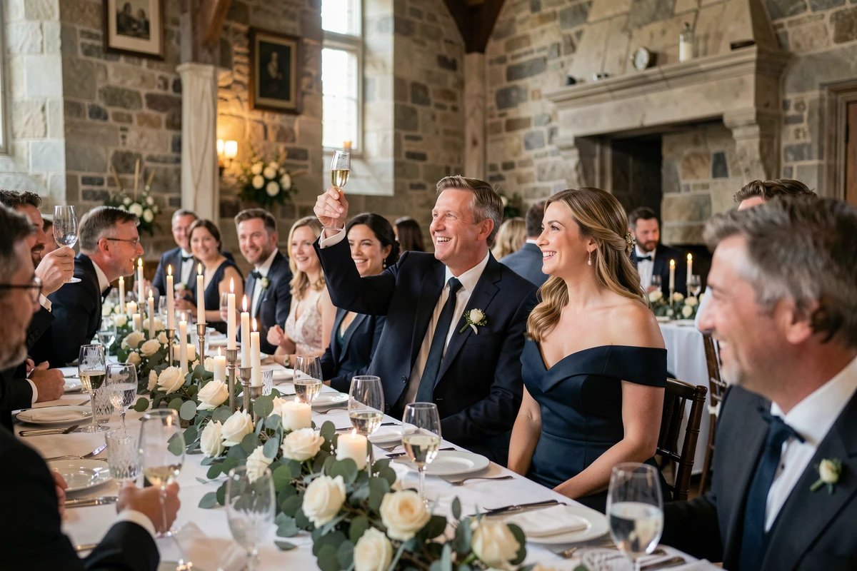 Réception de mariage dans une salle patrimoniale québécoise, toast champagne lors d'un dîner de noces élégant