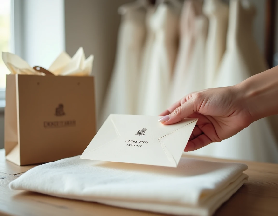 Gros plan d'un reçu d'acompte pour robe de mariée posé sur un tissu ivoire dans un atelier nuptial