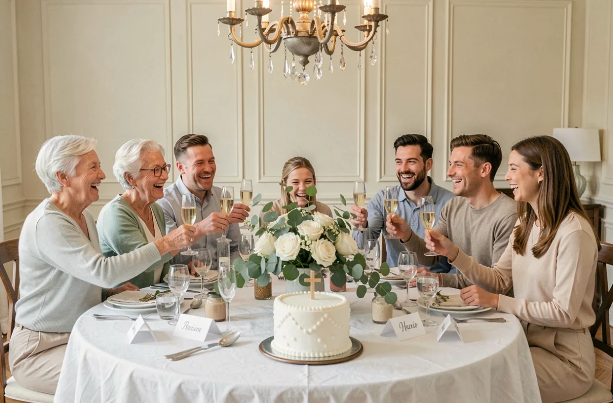 Famille multigénérationnelle réunie autour d'une table lors d'un repas de baptême festif