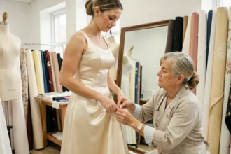 Retoucheuse épinglant l'ourlet d'une robe de mariée simple en satin ivoire dans un atelier de couture