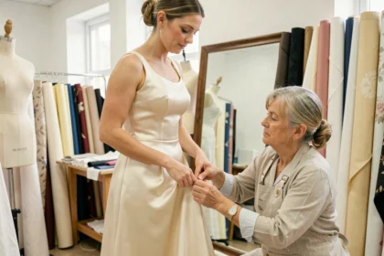Retoucheuse épinglant l'ourlet d'une robe de mariée simple en satin ivoire dans un atelier de couture