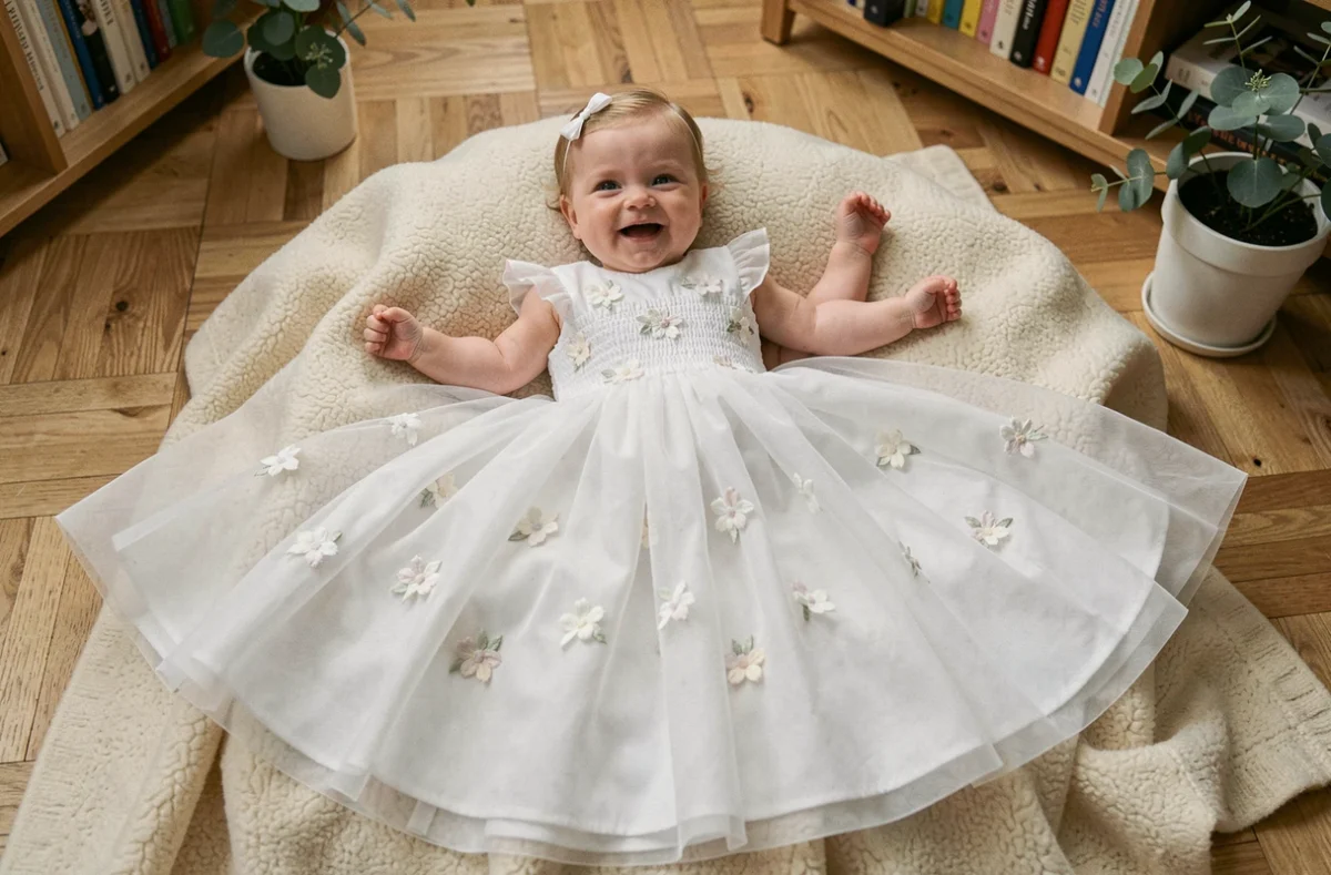 Robe de cérémonie bébé en mousseline blanche confortable avec smocks et appliqués floraux vue de dessus
