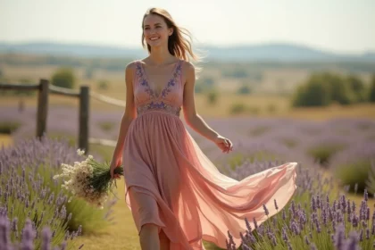 Femme en robe de cérémonie bohème rose poudré dans un champ de lavande pour un mariage champêtre