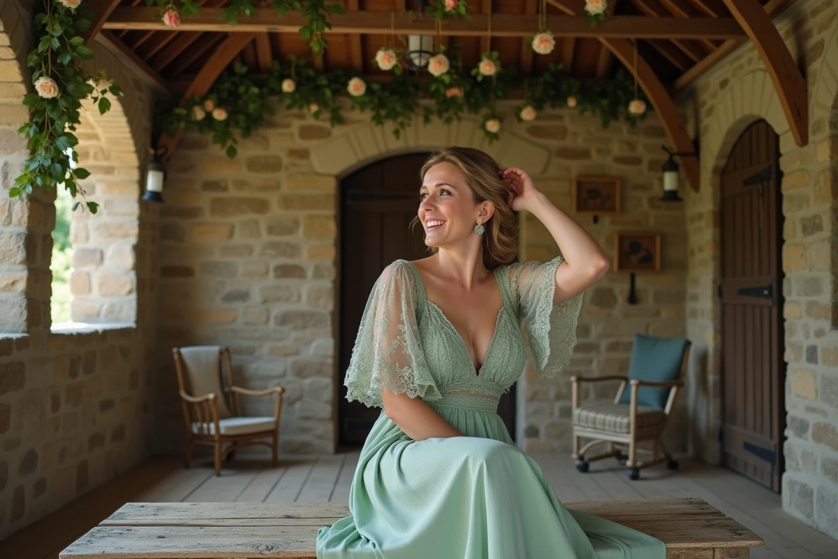 Femme en robe de cérémonie vert sauge dentelle assise sur un banc en bois dans une grange décorée pour un mariage champêtre
