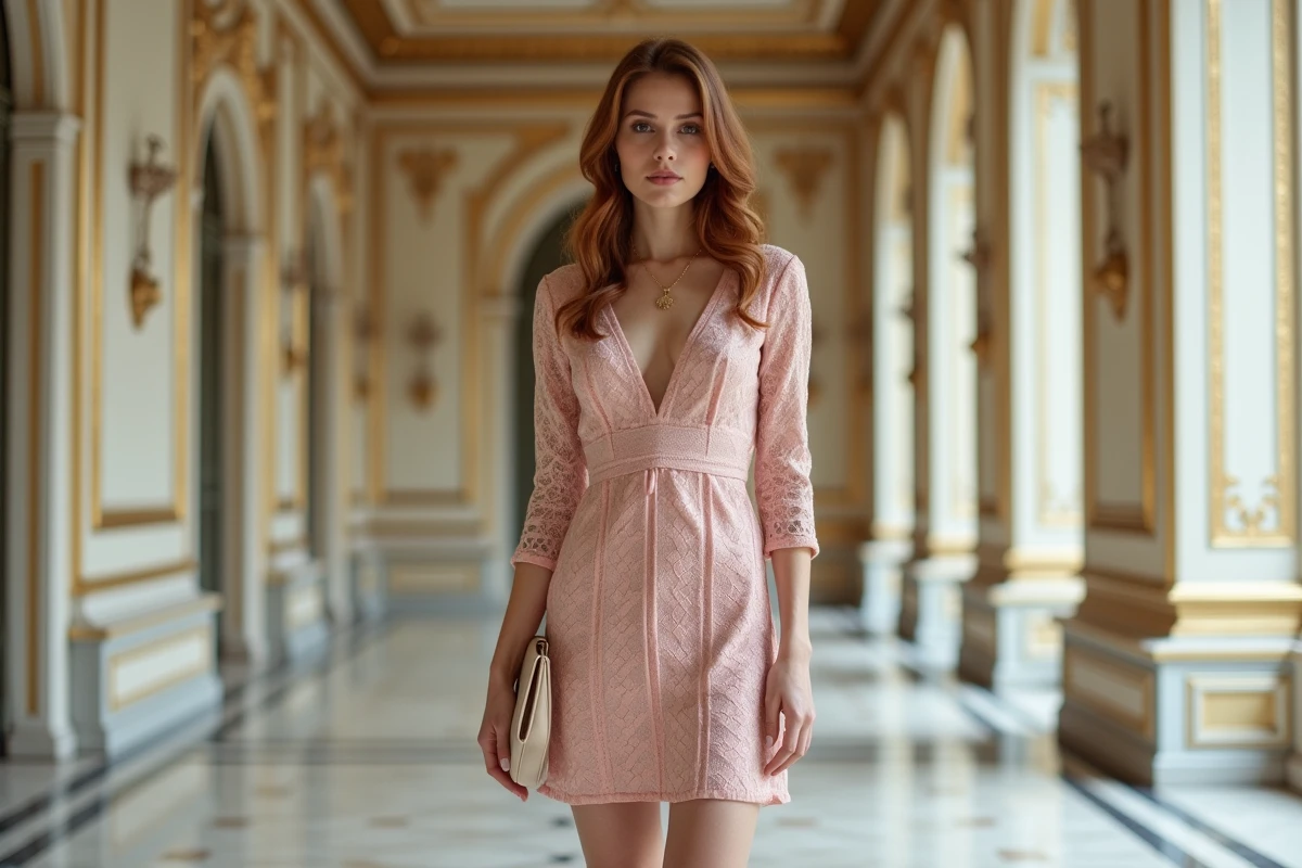 Femme en robe cocktail dentelle rose blush à l'intérieur d'un château parisien, look élégant pour invitée de mariage