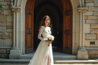 Femme en robe de mariée courte en dentelle devant l'entrée d'une église en pierre pour un mariage religieux