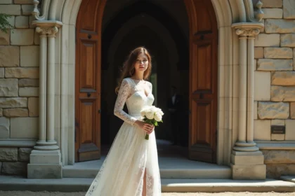 Femme en robe de mariée courte en dentelle devant l'entrée d'une église en pierre pour un mariage religieux