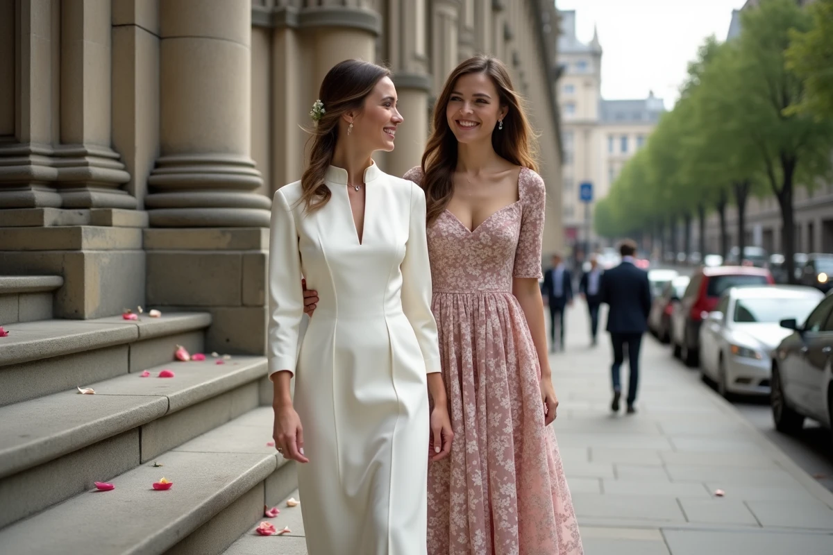 Mariée en robe courte structurée sur les marches d'une cathédrale avec sa demoiselle d'honneur après la cérémonie religieuse