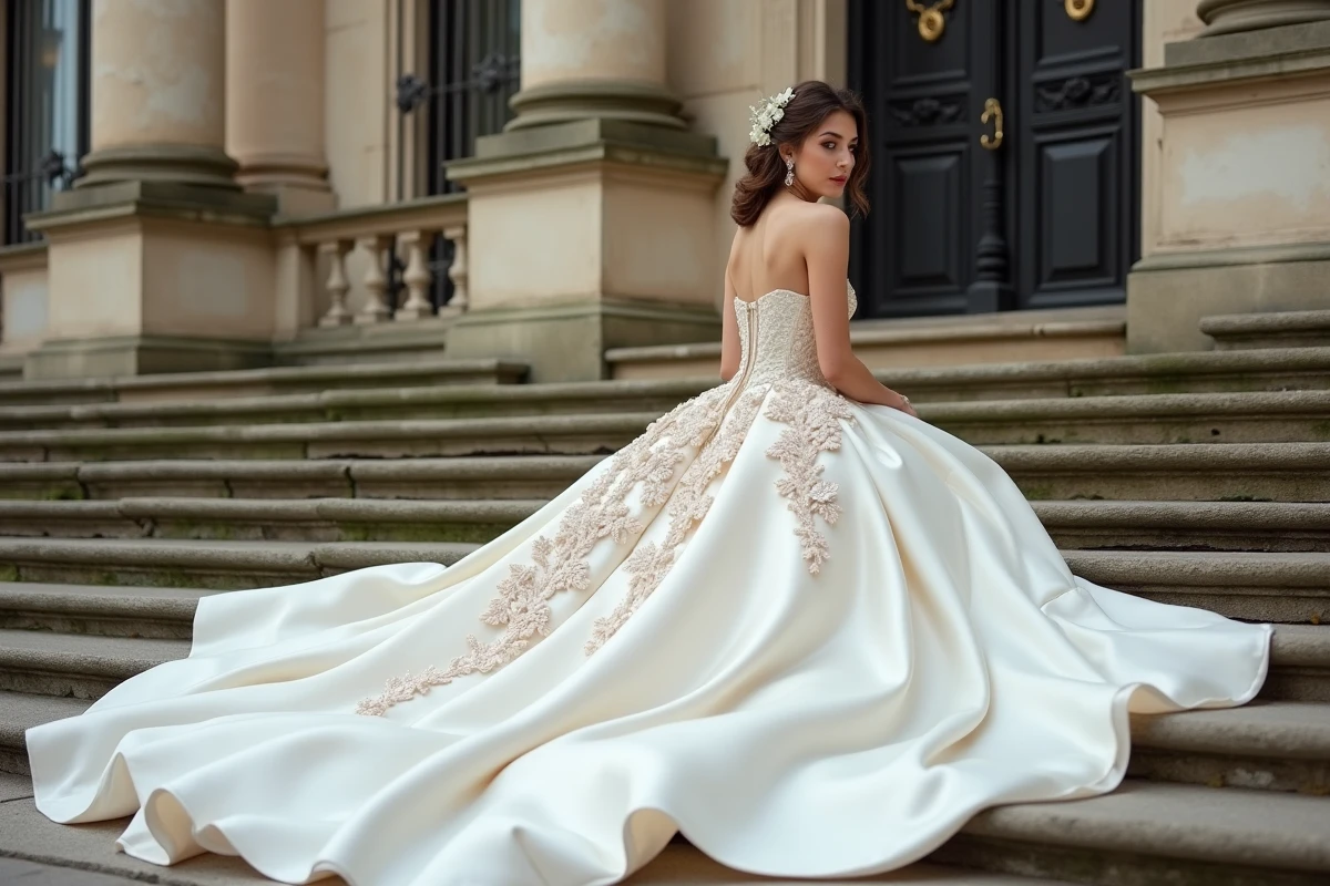 Robe de mariée princesse luxueuse à longue traîne sur les marches d'une mairie néoclassique