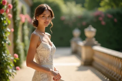 Femme élégante en robe longue dentelle ivoire dans un jardin de château français, tenue chic pour invitée de mariage