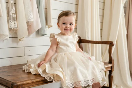 Robe de mariage bébé fille en satin ivoire et tulle avec dentelle délicate dans une boutique de mariée élégante