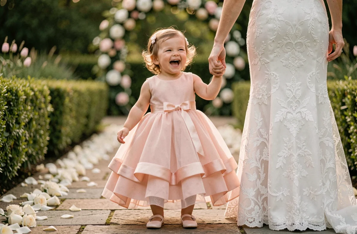 Petite fille en robe de mariage rose poudré en organza tenant la main de sa maman dans un jardin fleuri