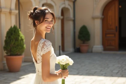 Mariée en robe blanche midi dentelle ASOS devant une mairie pour un mariage civil élégant et abordable