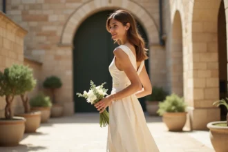 Femme en robe de mariée civile ivoire en crêpe midi avec bouquet de fleurs blanches dans une cour de mairie parisienne