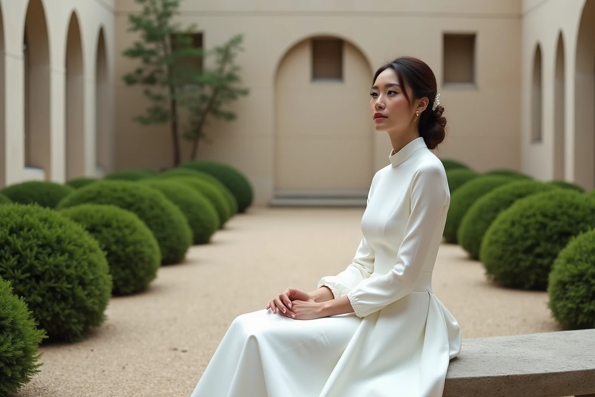 Mariée élégante en robe de mariée ivoire col haut et manches longues, assise sur un banc en pierre dans un jardin minimaliste aux haies taillées