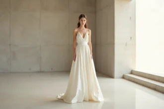 Mariée en robe de mariée ivoire minimaliste à bretelles fines, coupe A-line épurée, dans un intérieur contemporain aux murs en béton brut
