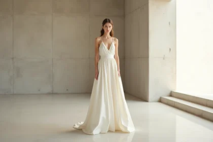 Mariée en robe de mariée ivoire minimaliste à bretelles fines, coupe A-line épurée, dans un intérieur contemporain aux murs en béton brut