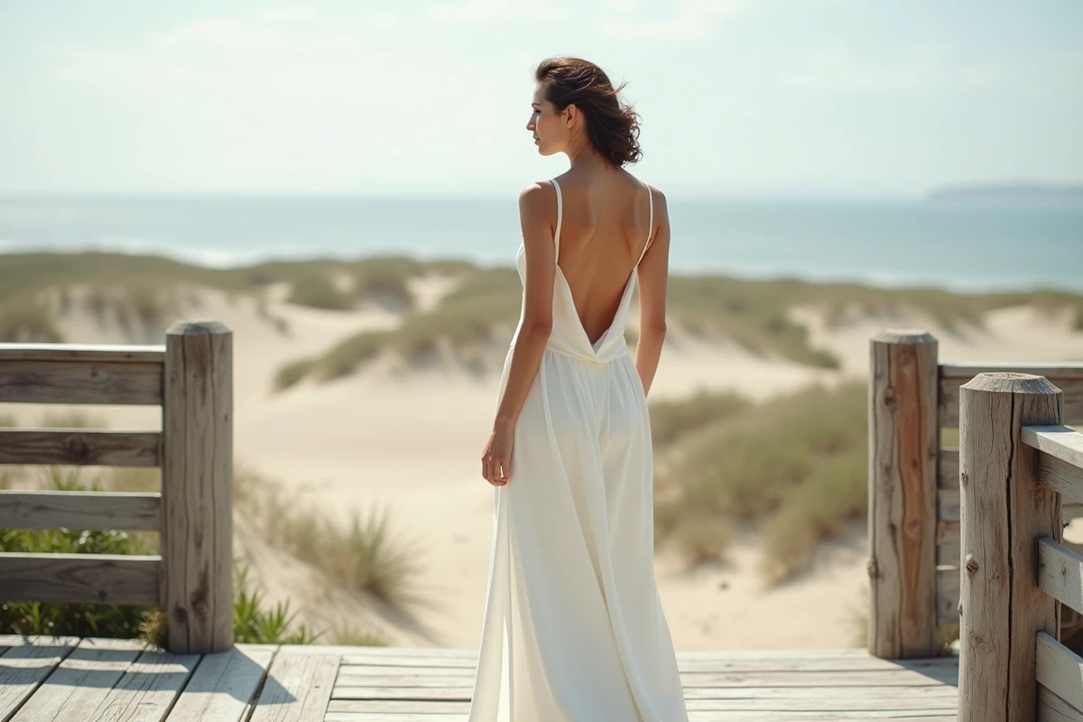 Mariée de dos en robe de mariée ivoire en satin biais sur une terrasse en bois face à un paysage côtier épuré et naturel