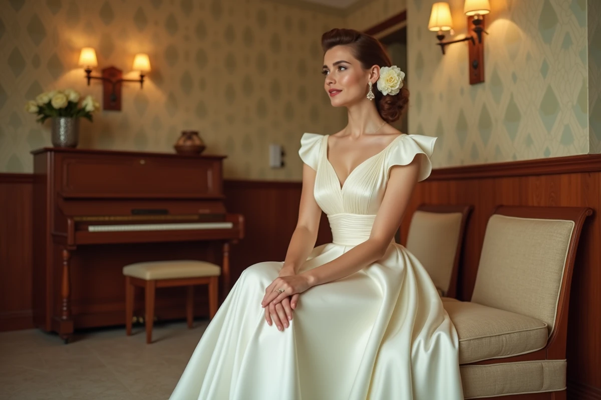 Mariée assise en robe de mariée mi-longue style années 50-60 en soie ivoire, dans une salle de réception mid-century avec parquet en terrazzo et boiseries en teck