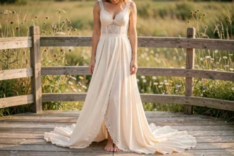 Robe de mariée bohème fluide en mousseline ivoire avec traîne au sol, portée pieds nus sur une terrasse en bois face à une prairie fleurie