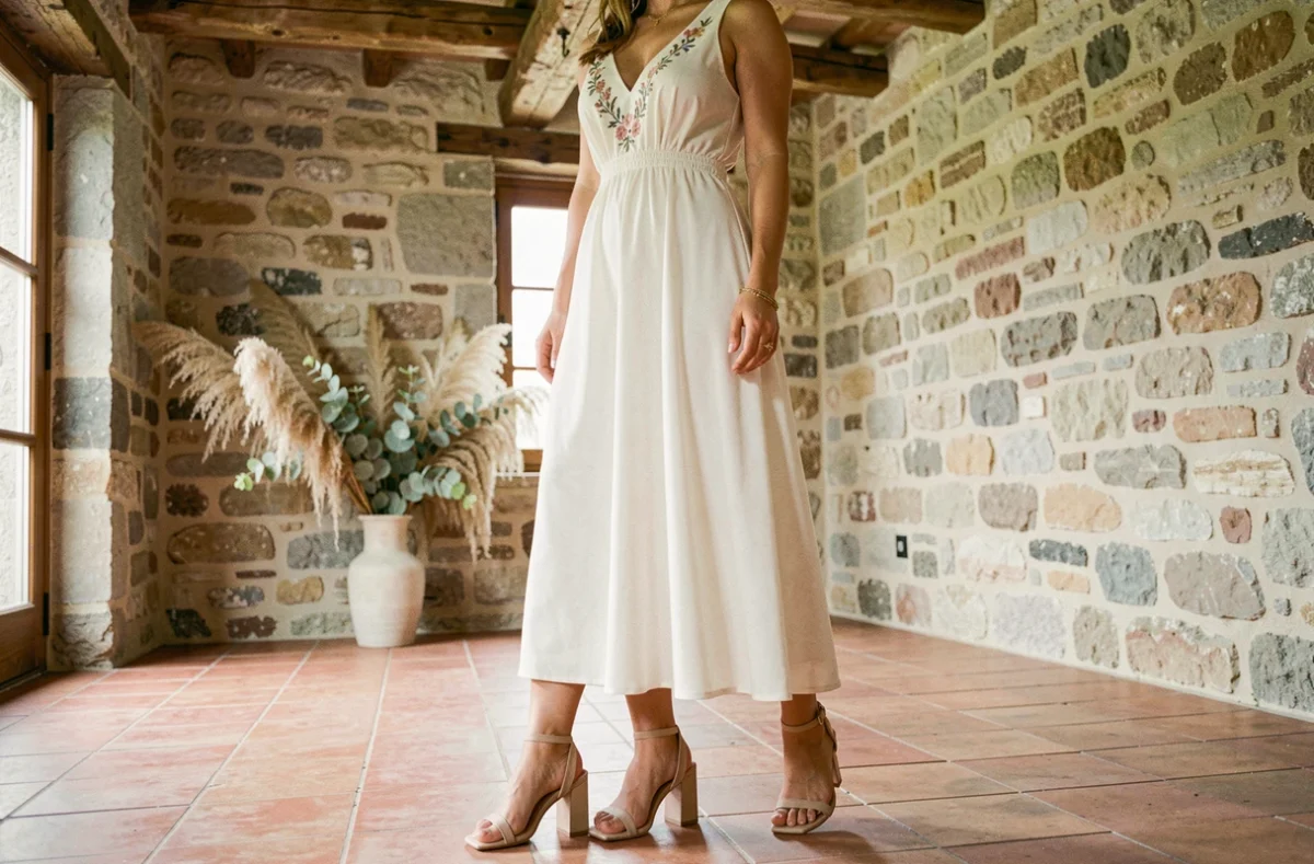 Femme en robe de mariée bohème crêpe longueur cheville avec sandales à talons bloc, dans une ferme en pierre provençale aux murs calcaires